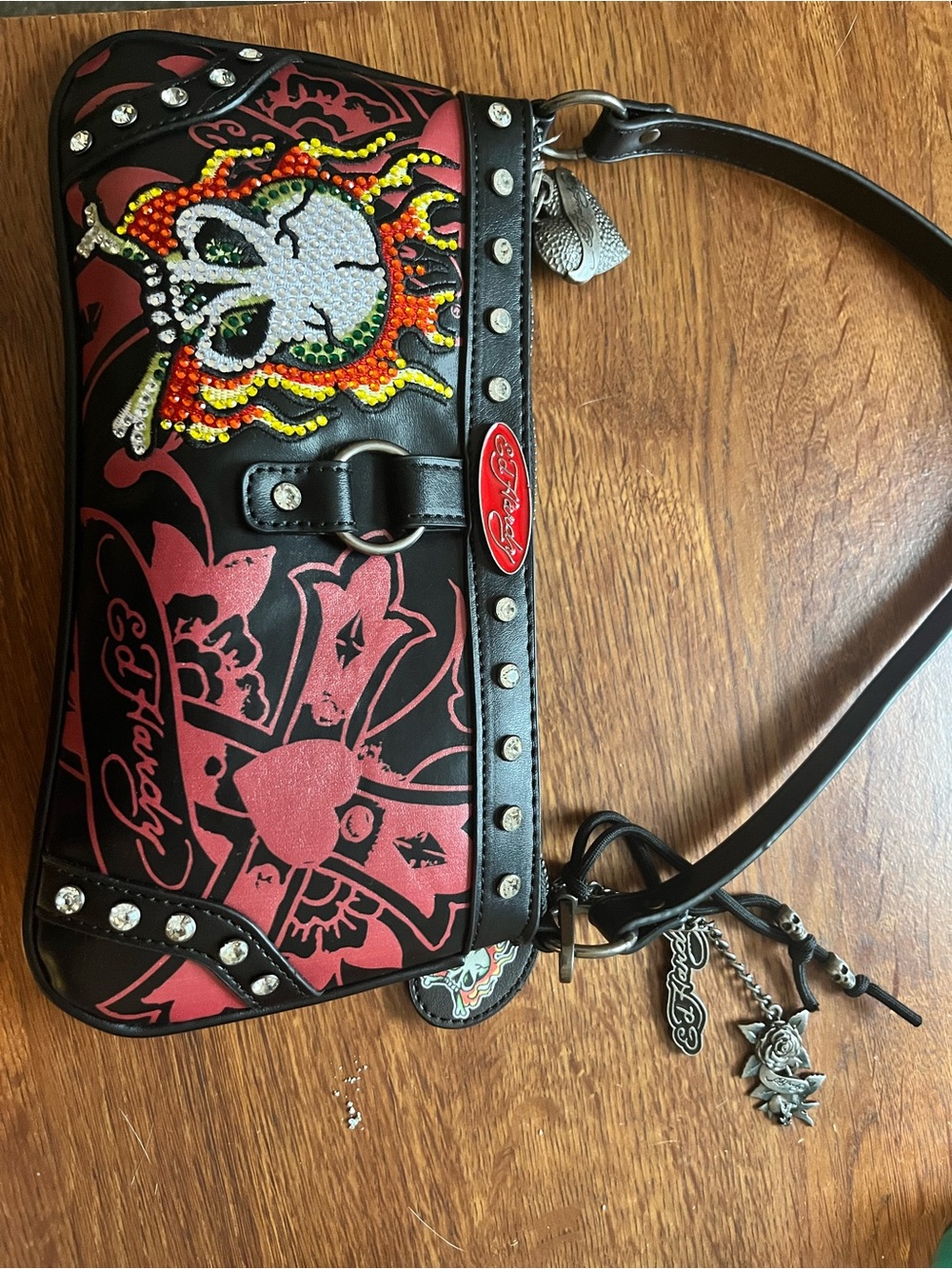 Ed Hardy Black and Red Skull Embellished Shoulder Bag
